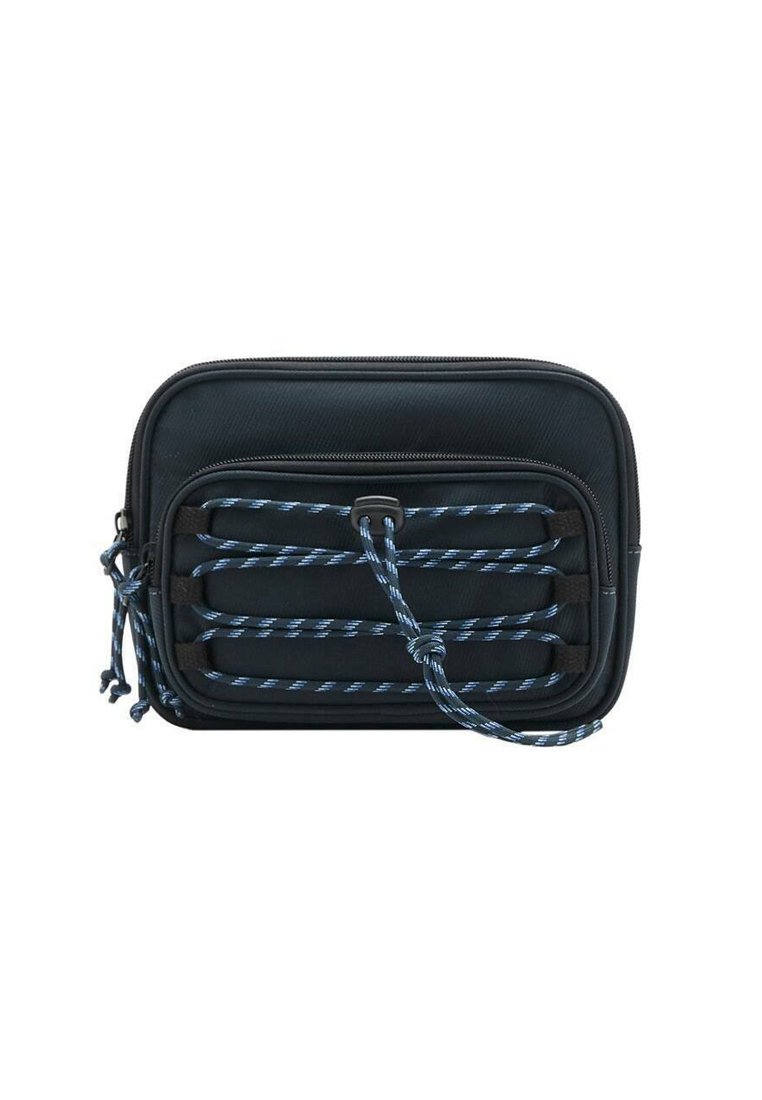 Borsa sintetica nera con superficie testurizzata, dotata di dettagli in corda blu e bianca e chiusura con zip. Forma rettangolare compatta.