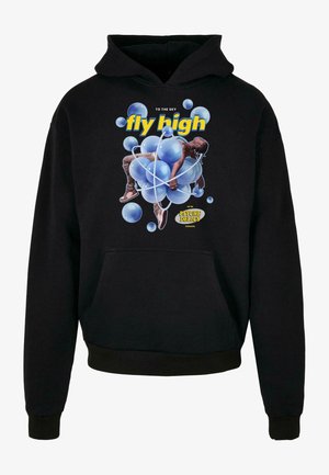 Black sweatshirt with hood featuring a central graphic of blue bubbles and a figure. Text reads "fly high" in yellow. Kangaroo pocket at front.