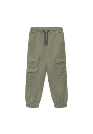 Olive green spodnie typu cargo z elastycznym pasem, czarnym sznurkiem, bocznymi kieszeniami z klapą i elastycznymi mankietami.