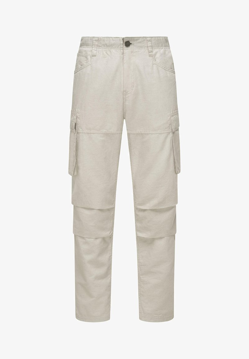 Pantaloni cargo beige chiaro in tessuto leggero, dotati di due tasche laterali, due tasche sulle cosce, chiusura con bottone e una vestibilità comoda.