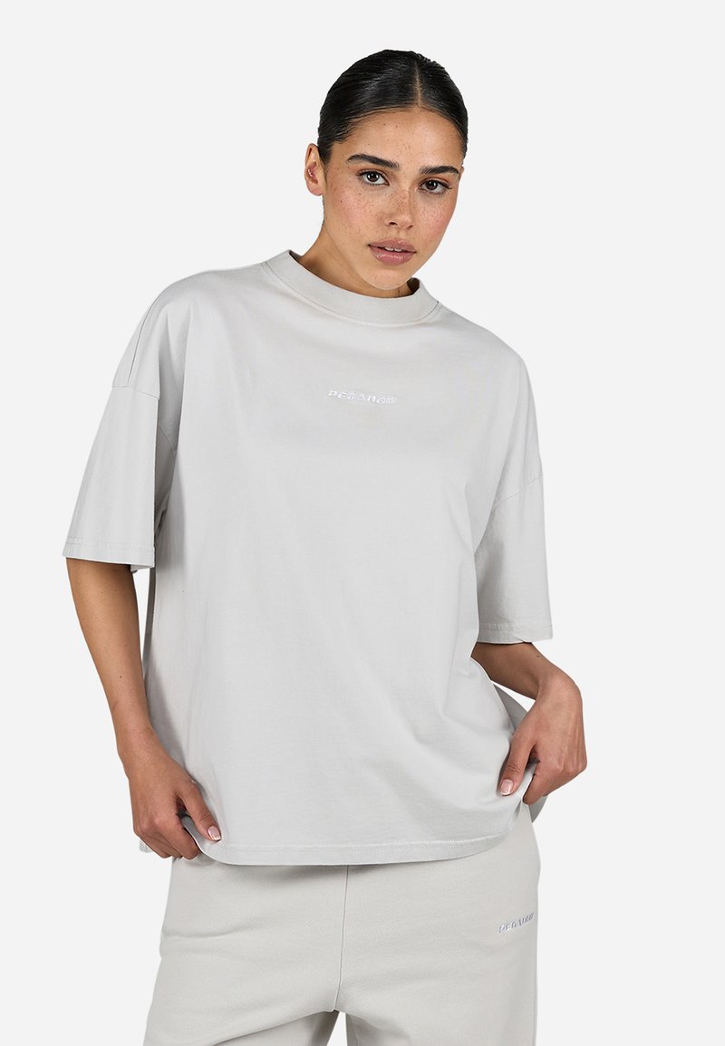 Light gray cotton t-shirt with a relaxed fit, short sleeves, high crew neckline, and embroidered logo detail on the front.