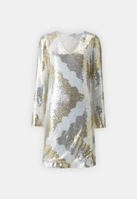 Lesklé šaty pokryté flitry s výstřihem do V, dlouhými rukávy a abstraktním vzorem v odstínech stříbrné, zlaté a světle modré. Hladká textura.