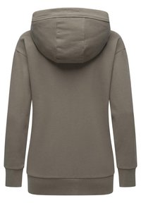 Sweat à capuche de couleur brun discret, doté d'un tissu doux et texturé, de manches longues, de poignets côtelés et d'une coupe décontractée. Vue arrière affichée.