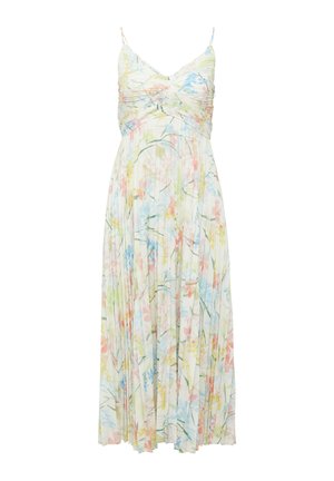 Maxi sukienka w kwiatowy nadruk z ramiączkami na spaghetti, w pastelowych kolorach, z plisowanym wykończeniem i marszczonym bodicem, zapewniająca lekki, zwiewny fason.