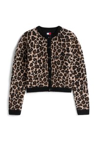 Kort cardigan i beige med svart leopardmønster. Svart ribbestrikket mansjetter og hem, med svarte knapper foran og et merke på nakken.