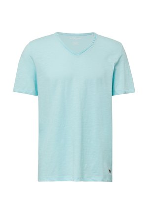Lichtblauwe V-hals T-shirt met korte mouwen, gemaakt van een zachte, textuurstof, met een klein logo-label aan de onderzijde links.