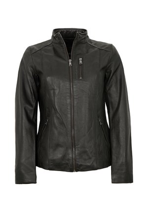 Schwarze Lederjacke mit Stehkragen, Frontreißverschluss und zwei Reißverschlusstaschen an den Seiten; glatte Textur und taillierte Passform.