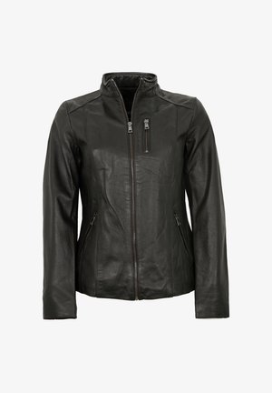 Schwarze Lederjacke mit Stehkragen, Frontreißverschluss und zwei Reißverschlusstaschen an den Seiten; glatte Textur und taillierte Passform.