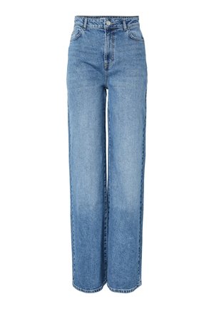 Mėlynos spalvos džinsai su tiesiomis kojomis ir aukštu liemeniu, su priekiniais mygtukais ir užtrauktuku, diržo kilpelėmis, priekinėmis ir galinėmis kišenėmis.