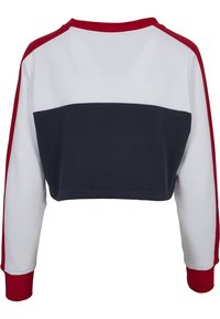 Felpa corta in bianco, blu e rosso. Presenta un design a blocchi di colore con maniche lunghe e polsini a costine. Realizzata in tessuto morbido.