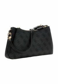 Borsa strutturata nera realizzata in materiale testurizzato, con chiusura a zip, tracolla e motivo a logo ripetuto. Dettagli in metallo dorato.