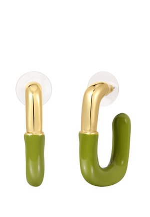 Grüne und goldene Wandhaken mit einer glatten, glänzenden Oberfläche. Besitzt ein geschwungenes Design und eine transparente Rückseite zur Befestigung.