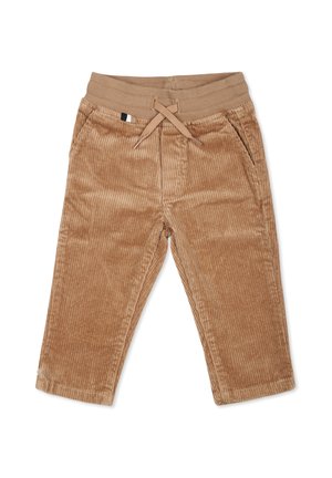 Pantaloni in corduroy marroni con texture a righe, vita elastica, cordoncino e due tasche frontali. Design casual, vestibilità dritta.
