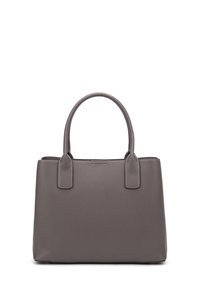 Sac à main synthétique gris avec deux anses, design structuré, texture lisse et détails de couture subtils le long des bords.