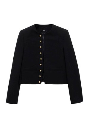 Black cropped jacket with long sleeves, featuring a round neckline, gold buttons down the front, and two front pockets. Smooth texture.