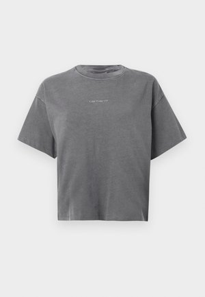 Sivi kratki majica s kratkim rukavima, skraćena, s okruglim izrezom i malim bijelim "carhartt" logotipom u središtu na prednjoj strani.