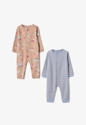 Deux grenouillères pour bébé : une beige avec des véhicules multicolores et des motifs, et une bleue claire avec des rayures horizontales beige. Les deux ont des manches longues.