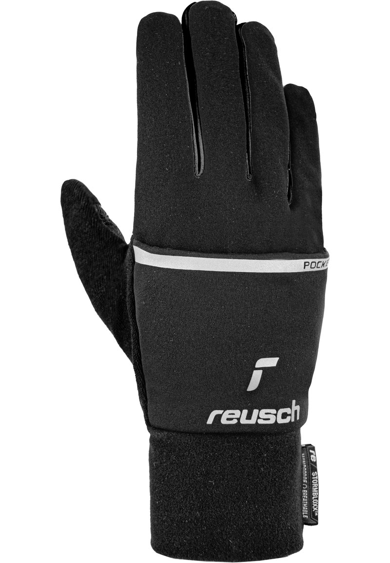 Schwarze Reusch-Winterhandschuhe mit reflektierender Streife und Logo auf der Rückseite, entworfen für Wärme und Atmungsaktivität.