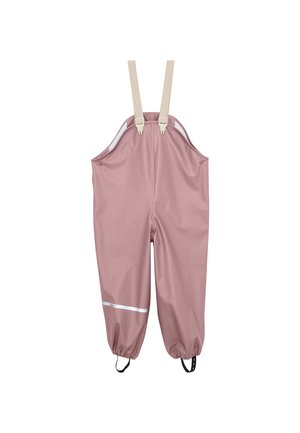 Kindformaat waterdichte overalls in mauve met beige verstelbare schouderbanden, elastische manchetten en zwarte voetstijgbeugels, voorzien van een reflecterende strip.