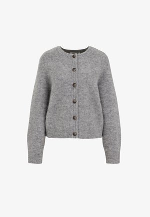 Grå uldcardigan med rund hals, lange ærmer og seks mørkebrune knapper nedad foran. Blød tekstur, forkortet design, minimalistisk stil.