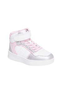 Sneakers alta in pelle bianca, con dettagli rosa, finiture argentate e glitter sui lati; presentano una cinghia in velcro e lacci.