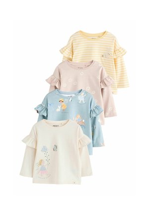 Satz von vier langärmligen Hemden mit Rüschenärmeln. Farben: gelb gestreift, blassrosa mit Blumenmuster, blau mit Illustrationen und cremefarben mit Feenmotiv.