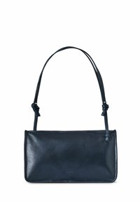Borsa a tracolla in pelle blu marina con una texture liscia, forma rettangolare e una singola tracolla annodata. Design minimalista senza hardware prominente.