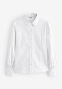 Camicia bianca a maniche lunghe con colletto, chiusura frontale a bottoni e dettagli arricciati ai polsini. Realizzata in tessuto leggero misto cotone.