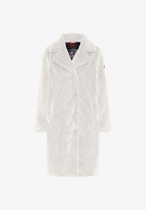 Witte bontjas met een puntkraag, lange mouwen en een rechte snit. Heeft een zachte textuur en een voorknopsluiting.