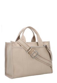 Beige fabric tote bag with dual handles and a detachable adjustable strap, featuring a zipper pocket and vertical stitched accents.