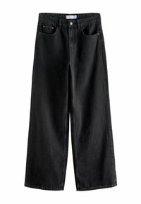 Čierne široké džínsy s vysokým pásom, prednými a zadnými vreckami, pútkami na opasok a zapínaním na gombík.