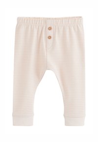 Light beige and white striped baby pants with elastic waistband, two wooden buttons on front, and cuffed leg openings.