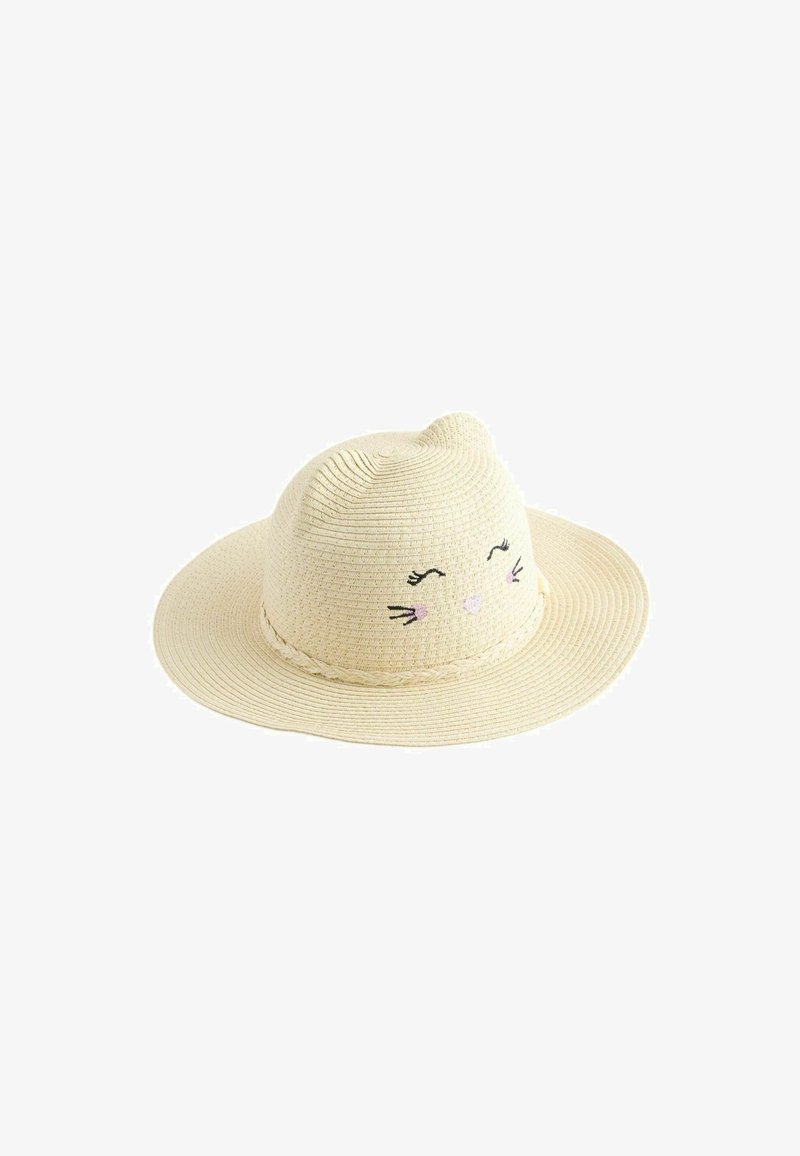 Chapeau de soleil tissé beige avec des oreilles de chat et des yeux fermés brodés, des moustaches et un nez rose à l'avant.