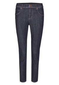 Jeans in denim blu scuro con vestibilità slim, dotati di cinque tasche, dettagli di cucitura in una tonalità più chiara e chiusura con bottone metallico in vita.