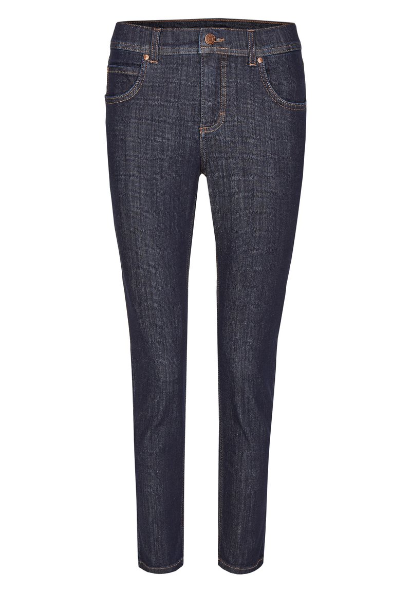 Jeans in denim blu scuro con vestibilità slim, dotati di cinque tasche, dettagli di cucitura in una tonalità più chiara e chiusura con bottone metallico in vita.