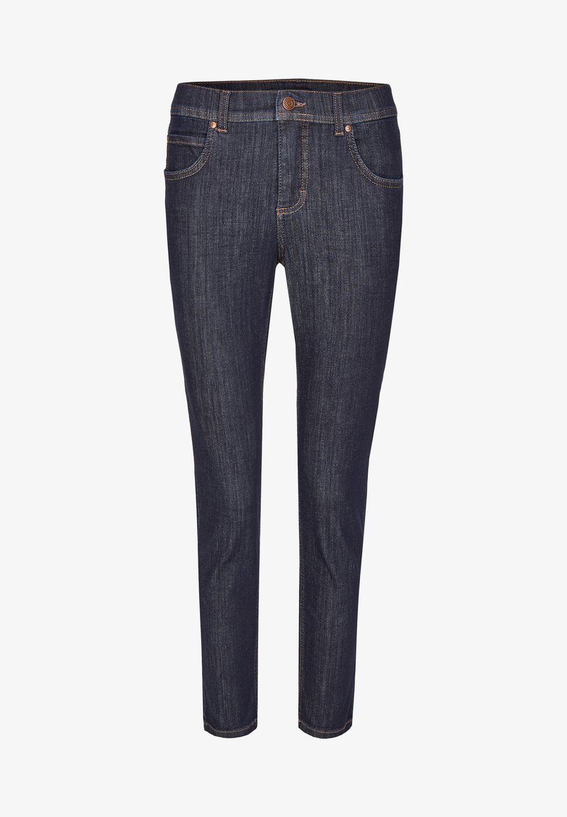 Dark blue denim jeans with a slim fit, featuring five pockets, stitching accents in a lighter shade, and a metal button closure at the waist.