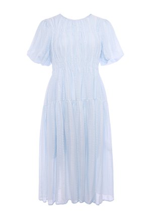 Light blue midi dress with puff sleeves, round neckline, gathered waist, and delicate vertical dotted texture on sheer fabric.
