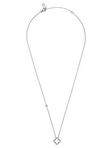 Silver necklace with a delicate chain, featuring a clover-shaped pendant and a small bead accent. The pendant is simple and unadorned.
