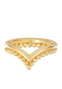 Goldvergoldeter Ring mit V-förmigem Design, das über eine strukturierte Oberflächenbearbeitung und eine Reihe von kleinen, kugelförmigen Akzenten entlang der Innenseite verfügt.