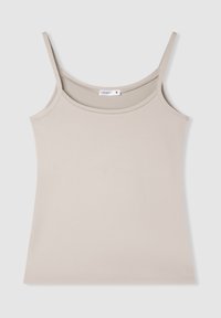 Top in cammello con spalline sottili, realizzato in tessuto liscio, presenta un scollo rotondo e un orlo semplice e dritto. Etichetta della taglia visibile.