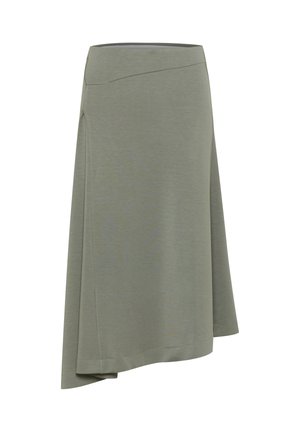 Jupe asymétrique vert olive clair, en tissu doux. Elle présente une ceinture lisse et un ourlet drapé pour un look fluide.