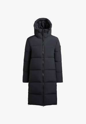Lång svart pufferjacka med huva, med zigzag-stickade paneler, framfoder och sidofickor. Tillverkad av ett smidigt, lättviktsmaterial.