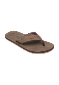 Brun flip-flop sandal med en textured fodseng, stofrem og gummisål. Har en tåpost for sikker pasform og komfort.
