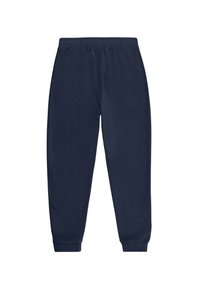 Granatowe spodnie dresowe wykonane z miękkiego materiału, z elastycznym paskiem w talii i zwężanymi mankietami, charakteryzujące się gładką teksturą i brakiem widocznych wzorów.