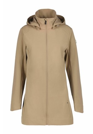 Beige Softshell-Jacke mit Kapuze, durchgehendem Frontreißverschluss, Seitentaschen und glatter Textur. Enthält verstellbare Elemente für die Passform.