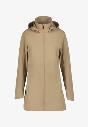 Beige softshell jacket with a hood, full front zipper, side pockets, and smooth texture. Includes adjustable elements for fit.