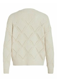 Pull en tricot de couleur crème avec un motif en losange ajouré et des poignets et ourlet côtelés, vu de dos.
