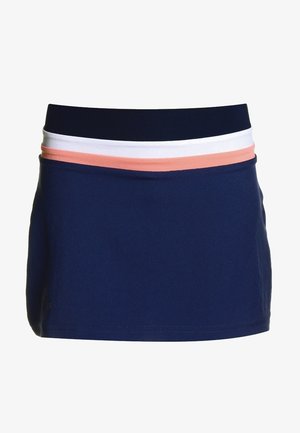 Falda azul marino con un diseño ajustado, que presenta un cinturón ancho en capas de azul marino, blanco y coral. Confeccionada con una tela suave y elástica.