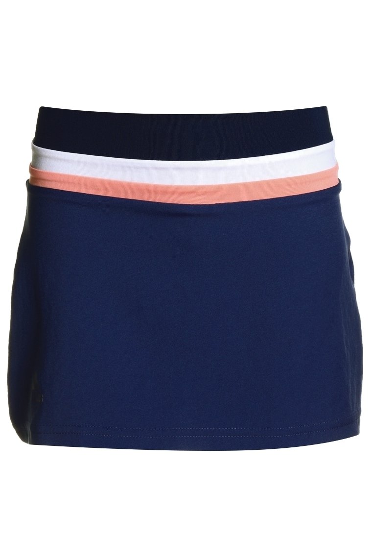 Falda azul marino con un diseño ajustado, que presenta un cinturón ancho en capas de azul marino, blanco y coral. Confeccionada con una tela suave y elástica.