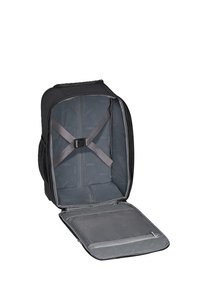 Svart ryggsäck med dragkedjeöppning, med ett rymligt grått innandöme och remmar för att säkra innehållet. Slät yta, utan mönster.